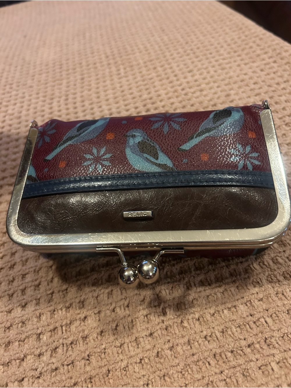 Relic Women's Burgundy Bird Print Coin Purse with Teal Accents
